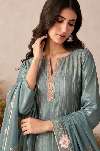 Teal pure shimmer silk heavy thread embroidery work readymade salwar kameez