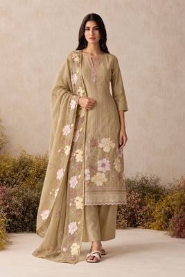 Gold pure shimmer silk heavy thread embroidery work readymade salwar kameez  1