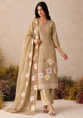 Gold pure shimmer silk heavy thread embroidery work readymade salwar kameez  2