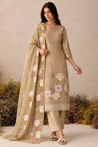 Gold pure shimmer silk heavy thread embroidery work readymade salwar kameez 