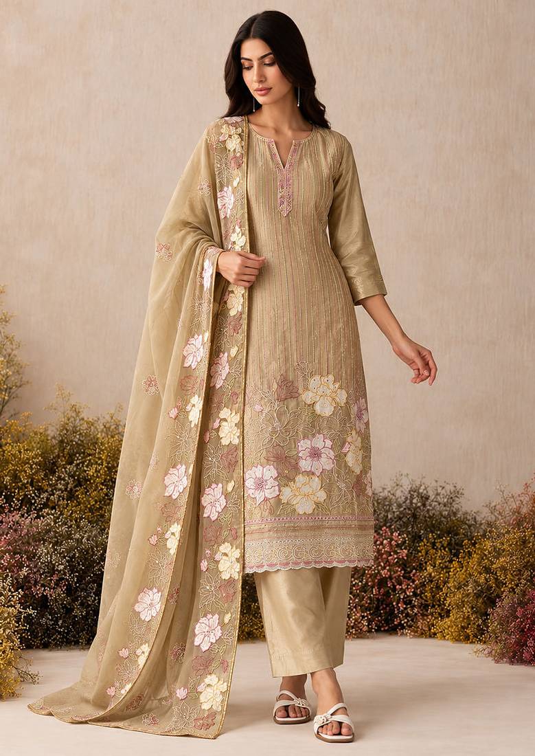 Gold pure shimmer silk heavy thread embroidery work readymade salwar kameez 