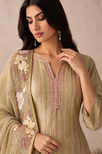 Gold pure shimmer silk heavy thread embroidery work readymade salwar kameez 