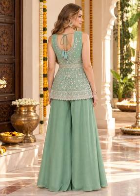 green georgette readymade suit with embroidery & sequence work 3