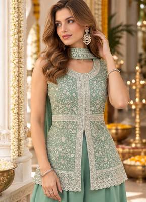 green georgette readymade suit with embroidery & sequence work 4