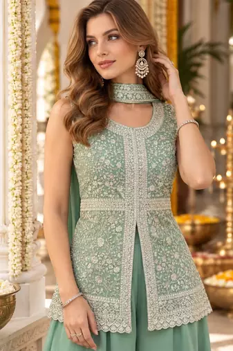 green georgette readymade suit with embroidery & sequence work