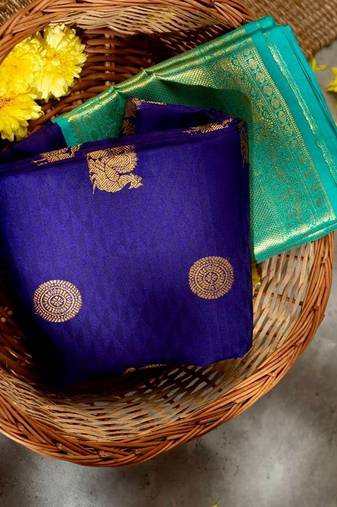 Blue turquoise silk blend jacuard work festival saree with unstitched blouse piece