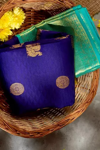Blue turquoise silk blend jacuard work festival saree with unstitched blouse piece