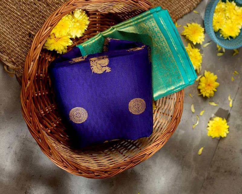 Blue turquoise silk blend jacuard work festival saree with unstitched blouse piece