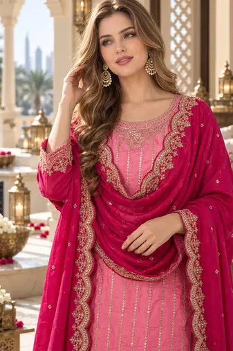 pink chinon readymade suit with embroidery & sequence work