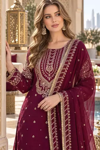 maroon georgette readymade suit with embroidery & sequence work