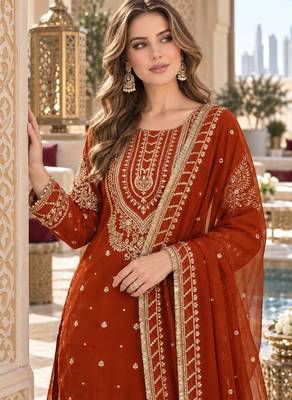 orange georgette readymade suit with embroidery & sequence work 3