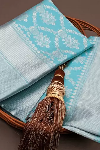Turquoise silk blend jacuard work festival saree with unstitched blouse piece