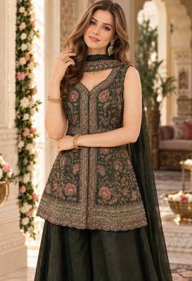 mehendi georgette readymade suit with multi embroidery & sequence work 3