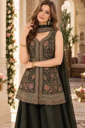 mehendi georgette readymade suit with multi embroidery & sequence work