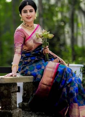 Blue pink  silk blend jacuard work festival saree with unstitched blouse piece 5