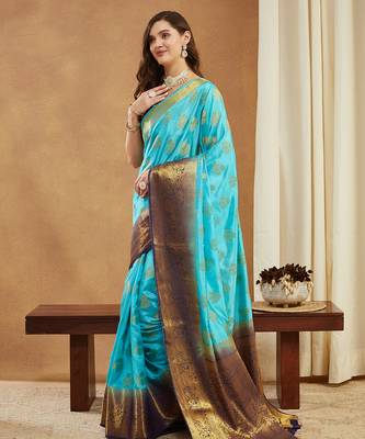 Women's banarasi silk with jacquard woven festive wear saree with blouse 3