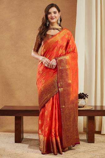 Women's banarasi silk blend with jacquard woven festive wear saree with blouse