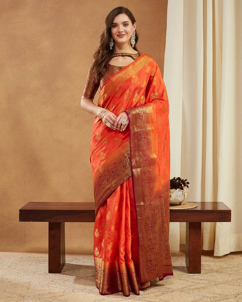 Women's banarasi silk blend with jacquard woven festive wear saree with blouse