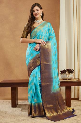 Women's banarasi silk blend with jacquard woven festive wear saree with blouse