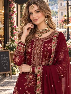 maroon chiffon semi stitched suit with embroidery & sequence work 2