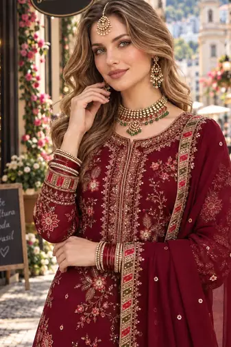 maroon chiffon semi stitched suit with embroidery & sequence work