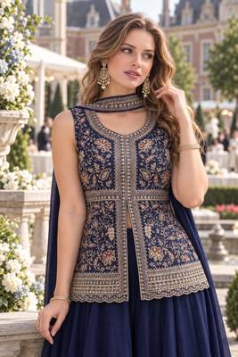 navy georgette readymade palazzo suit with sequence lakhnavi embroidery work 4