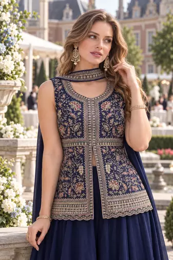 navy georgette readymade palazzo suit with sequence lakhnavi embroidery work