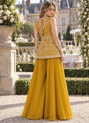 yellow georgette readymade palazzo suit with sequence lakhnavi embroidery work 3