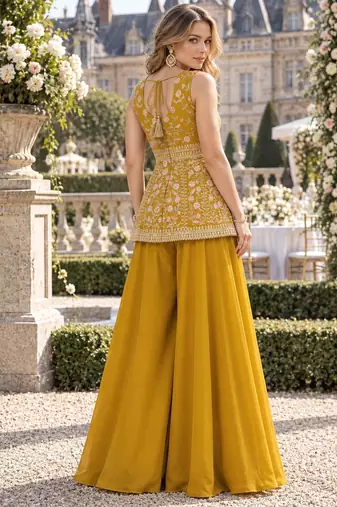 yellow georgette readymade palazzo suit with sequence lakhnavi embroidery work