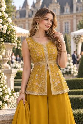 yellow georgette readymade palazzo suit with sequence lakhnavi embroidery work 4