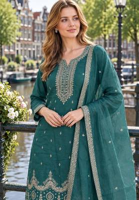 teal green silk blend unstitched suit with embroidery & sequence work 3