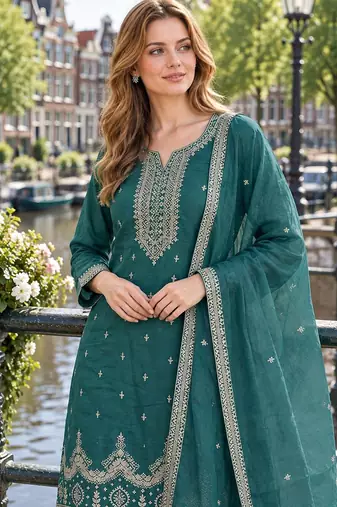 teal green silk blend unstitched suit with embroidery & sequence work