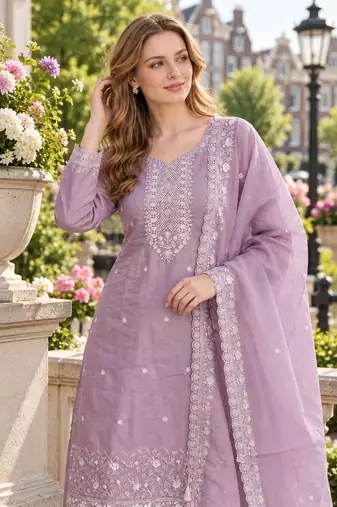 lavender silk blend unstitched suit with embroidery & sequence work