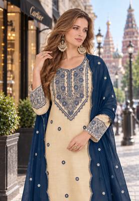 white & teal cotton unstitched suit with embroidery patch work 2