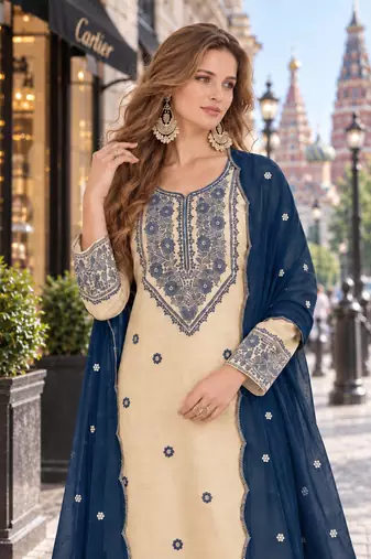 white & teal cotton unstitched suit with embroidery patch work