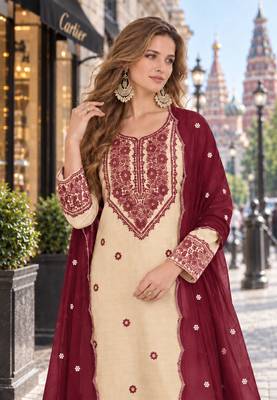 white & maroon cotton unstitched suit with embroidery patch work 2