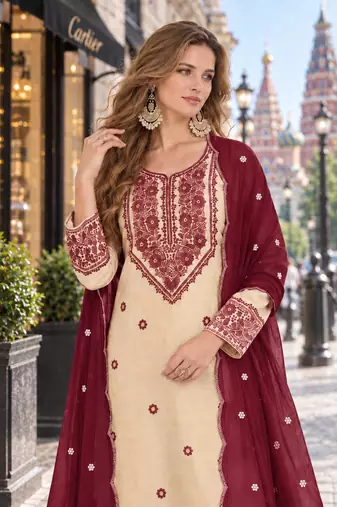 white & maroon cotton unstitched suit with embroidery patch work