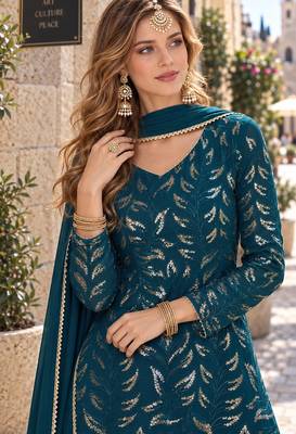 d green georgette free size stitched suit with embroidery & sequence work  2