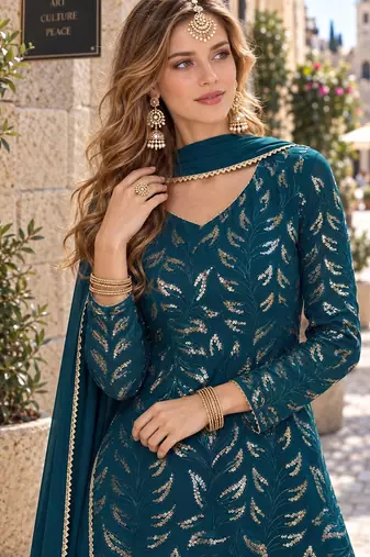 d green georgette free size stitched suit with embroidery & sequence work 
