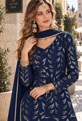 navy georgette free size stitched suit with embroidery & sequence work  3