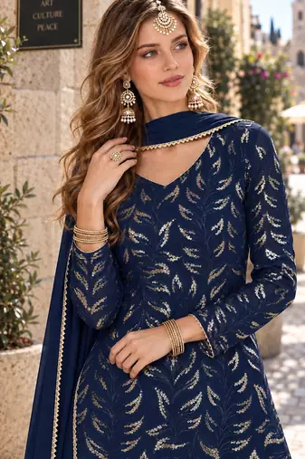 navy georgette free size stitched suit with embroidery & sequence work 