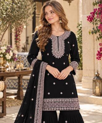 black chinon readymade suit with embroidery & sequence work 3