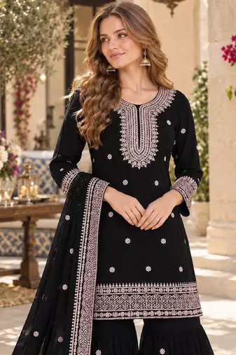 black chinon readymade suit with embroidery & sequence work