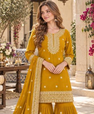 mustard chinon readymade suit with embroidery & sequence work 3