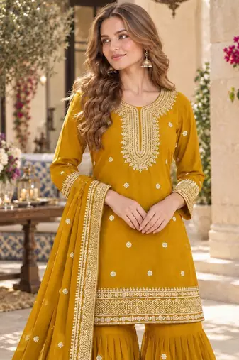 mustard chinon readymade suit with embroidery & sequence work