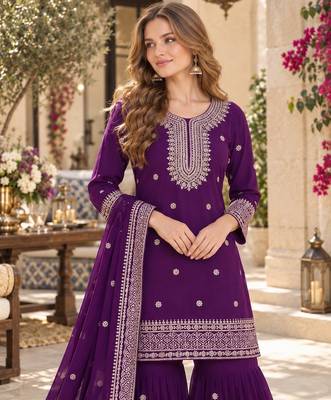 violet chinon readymade suit with embroidery & sequence work 3
