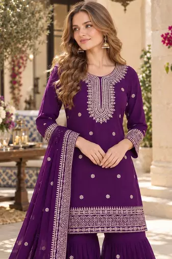 violet chinon readymade suit with embroidery & sequence work