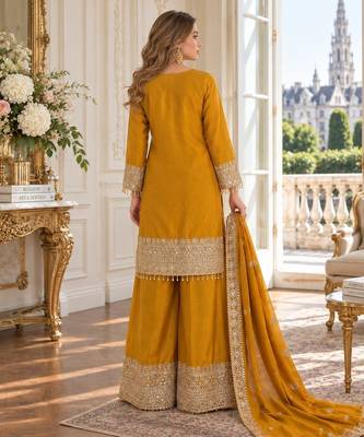 mustard chinon readymade suit with embroidery & sequence work 3