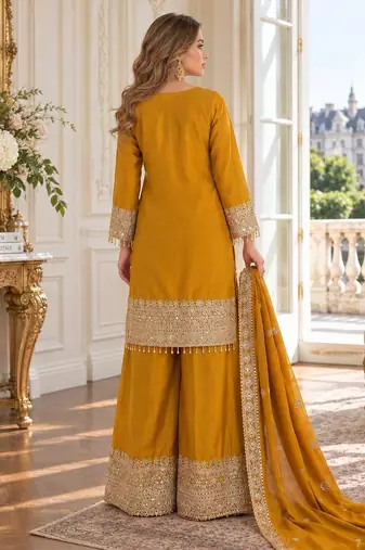 mustard chinon readymade suit with embroidery & sequence work