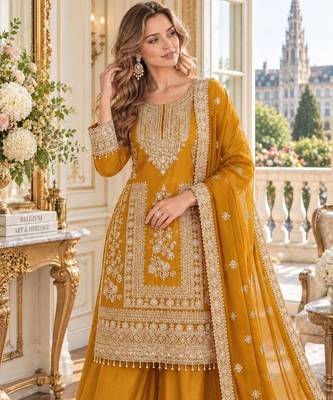 mustard chinon readymade suit with embroidery & sequence work 4
